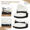 Wicker dog house featuring a retractable canopy and removable cushion, perfect for indoor or outdoor relaxation.