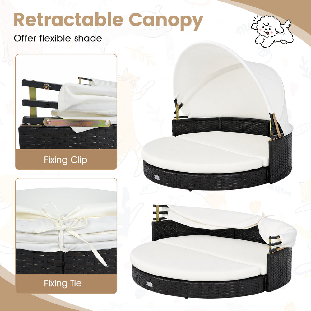 Wicker dog house featuring a retractable canopy and removable cushion, perfect for indoor or outdoor relaxation.