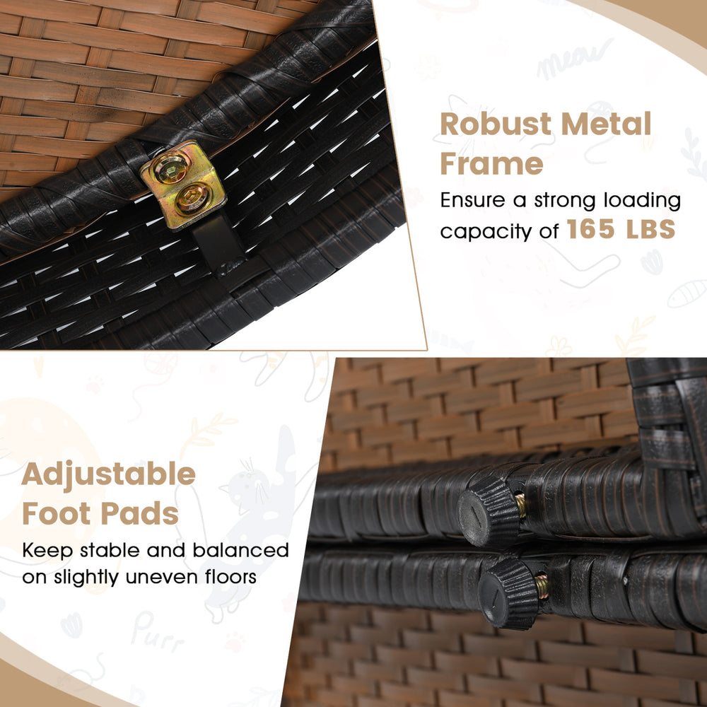 Close-up of the robust metal frame and adjustable foot pads of the wicker dog house, supporting up to 165 lbs for stability.