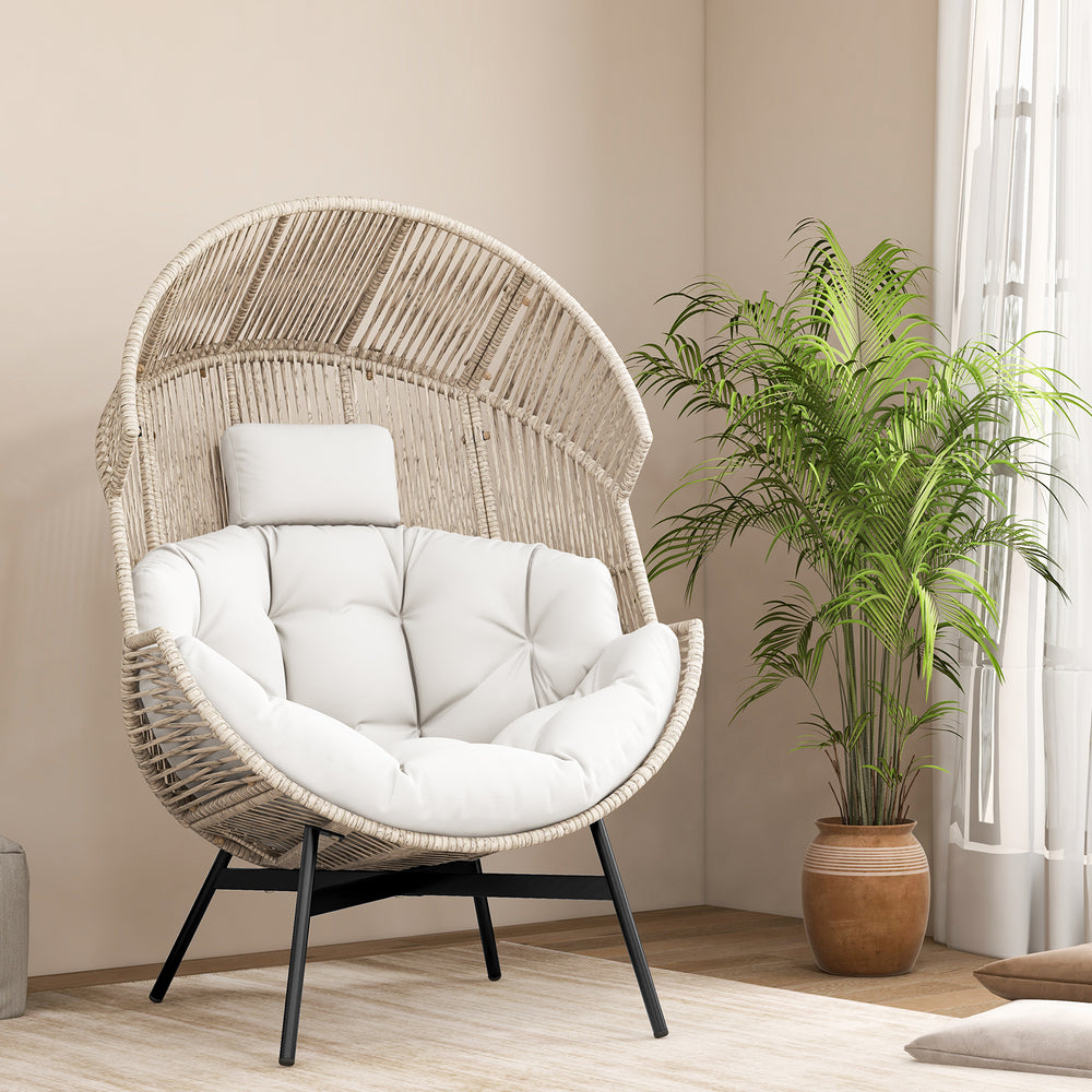 Wicker Oversized Egg Style Chair with Cushions and Headrest-Off White - Gallery View 1 of 12