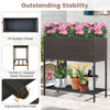 Wicker raised garden bed with storage shelf, removable liner, and stable H-shaped metal structure for growing flowers.