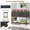 Wicker raised garden bed with storage shelf, featuring drainage gaps and stable H-shaped metal structure for flowers.