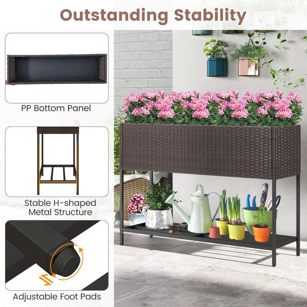 Wicker raised garden bed with storage shelf, featuring drainage gaps and stable H-shaped metal structure for flowers.