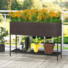 Wicker raised garden bed with storage shelf, featuring drainage gaps, ideal for flowers and easy gardening access.
