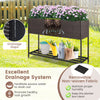 Wicker raised garden bed with drainage gaps, removable fabric, and storage shelf for easy gardening and flower growth.