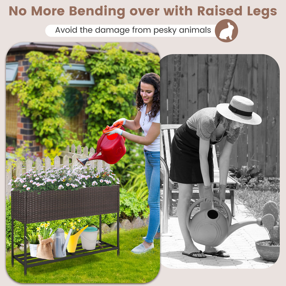 Wicker raised garden bed with storage shelf, drainage gaps, and sturdy metal structure for easy gardening.