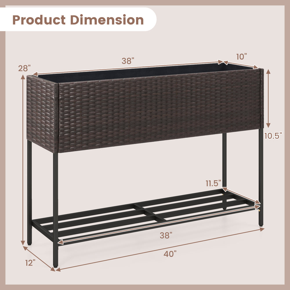 Wicker raised garden bed with storage shelf, featuring drainage gaps, sturdy metal frame, and dimensions of 38"x12"x28".