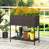 Wicker raised garden bed with storage shelf, featuring flowers, drainage gaps, and a sturdy metal structure for easy.