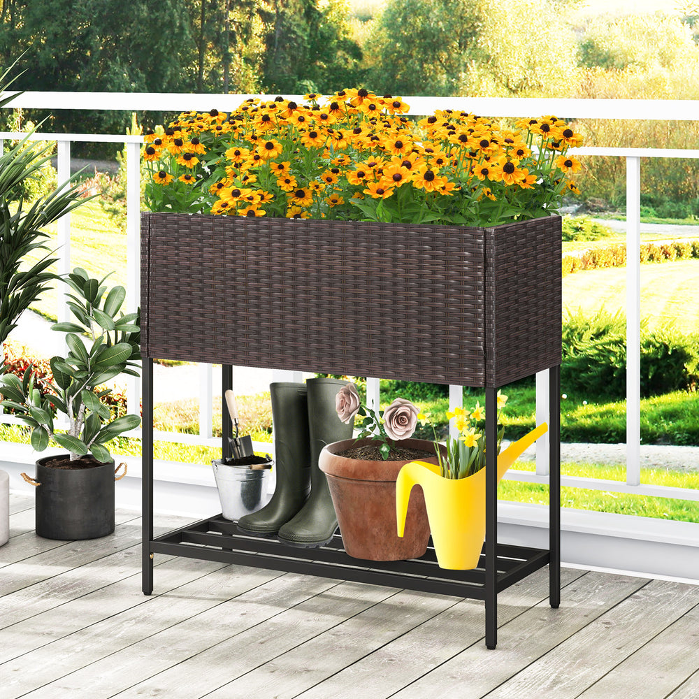 Wicker raised garden bed with storage shelf, featuring flowers, drainage gaps, and a sturdy metal structure for easy.