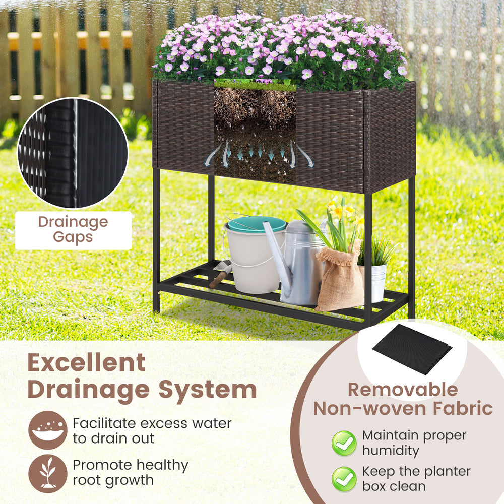 Wicker raised garden bed with storage shelf, featuring drainage gaps and removable liner for easy maintenance and plant.