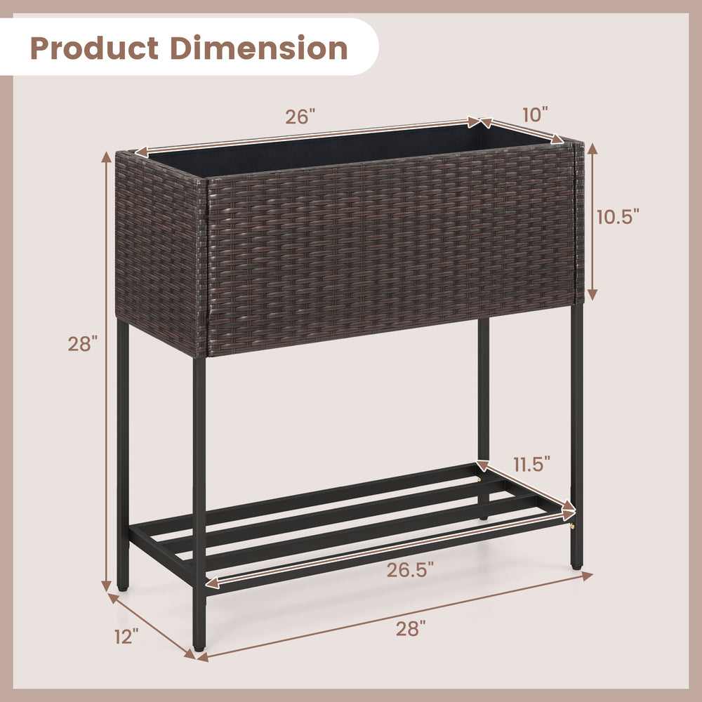 Wicker raised garden bed with storage shelf, 28"x26"x10.5", made of PE rattan for flowers and easy maintenance.