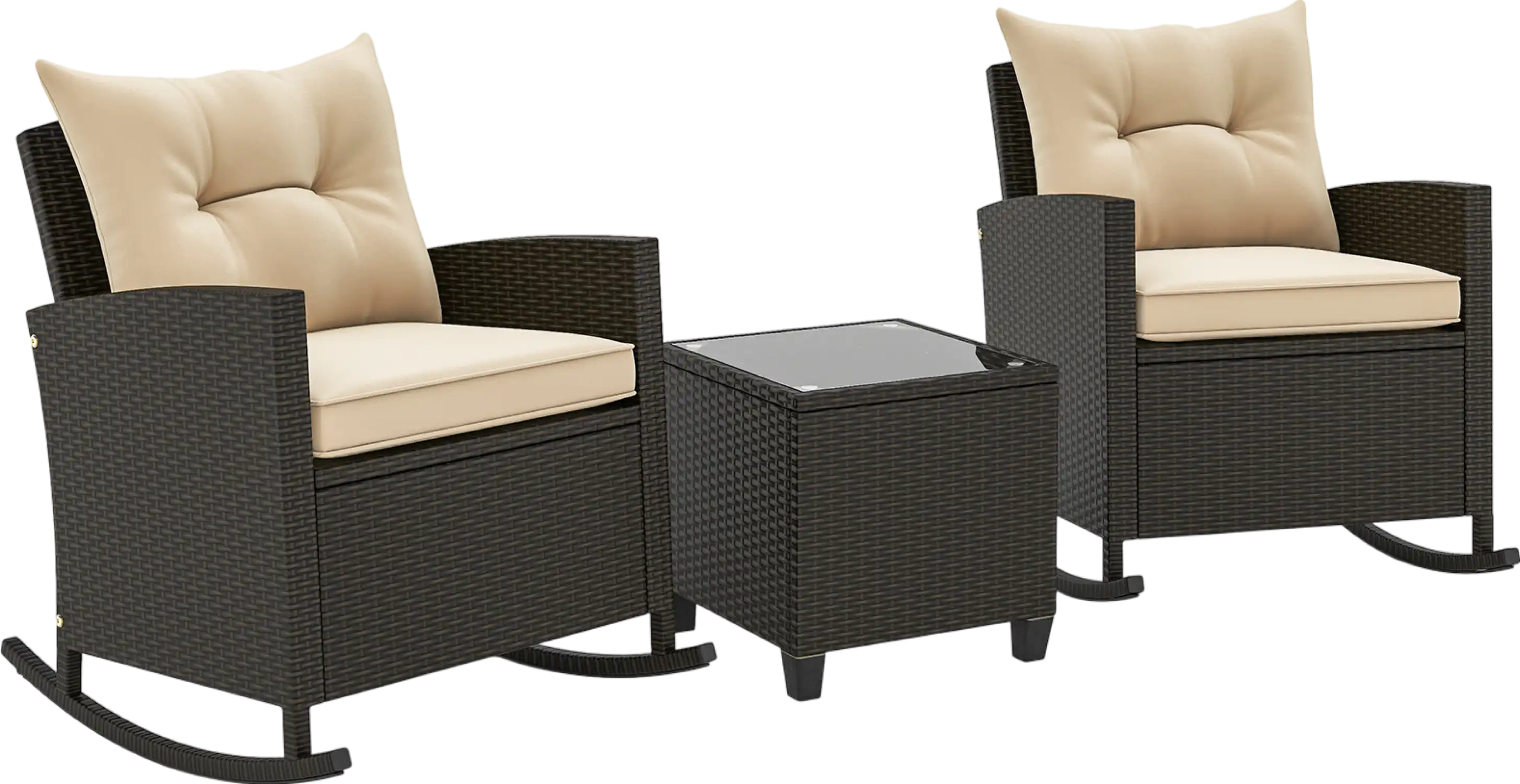 Costway Rattan Rocker Chairs with Tempered Glass Table and Soft Cushions New