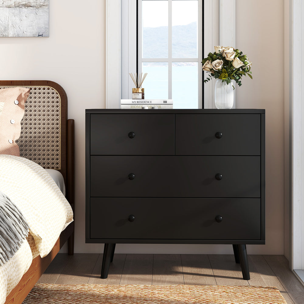 Wide Wooden Dresser with 4 Drawers for Bedroom Living Room-Black - Gallery View 1 of 10