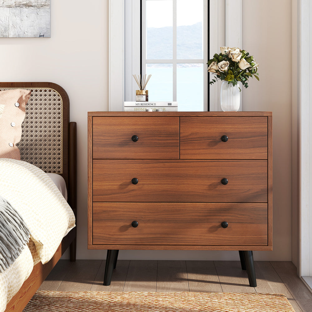 Wide wooden dresser in walnut finish with 4 drawers, ideal for bedroom or living room storage and decor.
