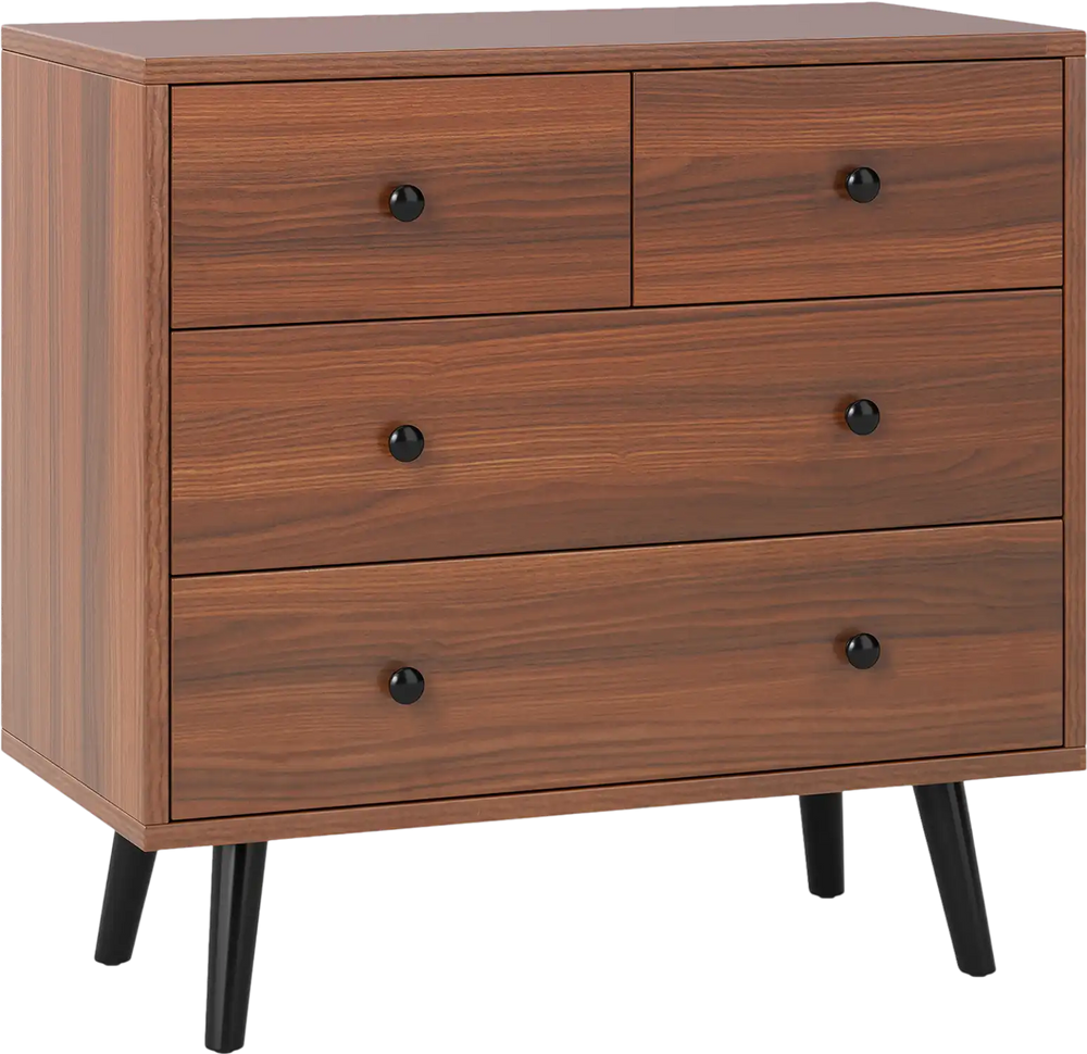 Wide wooden dresser in walnut finish with 4 drawers, perfect for bedroom or living room storage solutions.