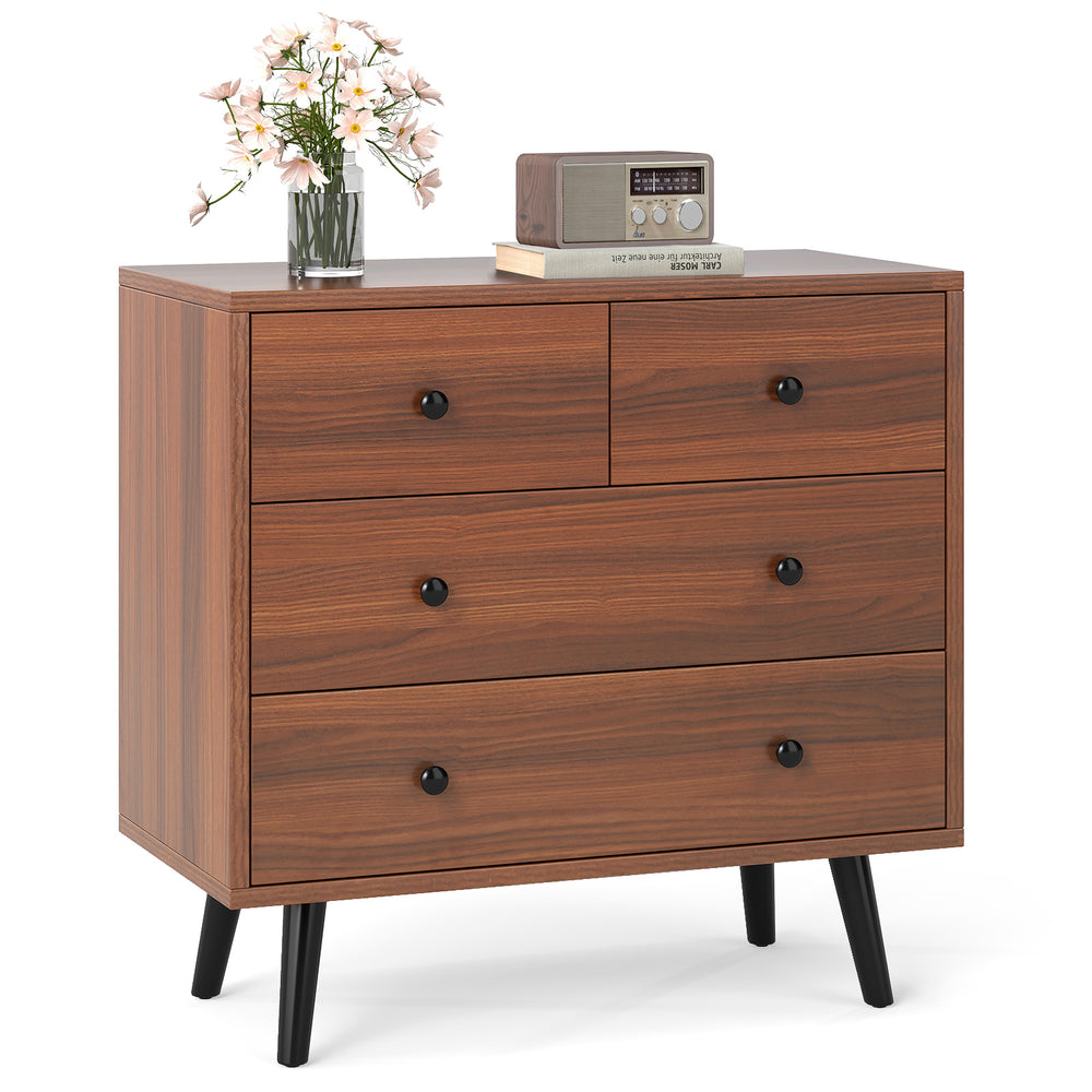 Wide wooden dresser in walnut finish with 4 drawers, perfect for bedroom or living room storage and decoration.