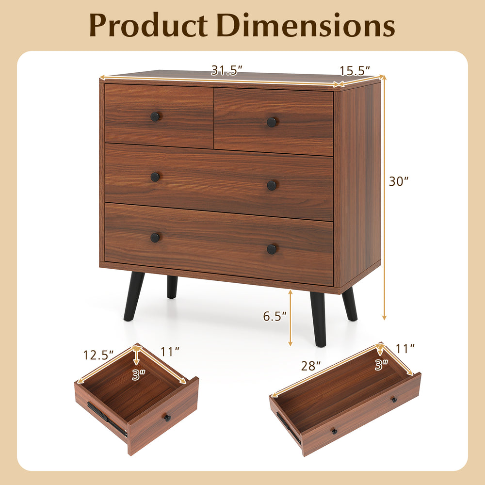 Wide wooden dresser with 4 drawers in walnut finish, featuring smooth metal slides and 6.5" floor clearance for easy.