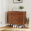 Wide wooden dresser in walnut finish with 4 drawers, perfect for bedroom or living room storage and decor.