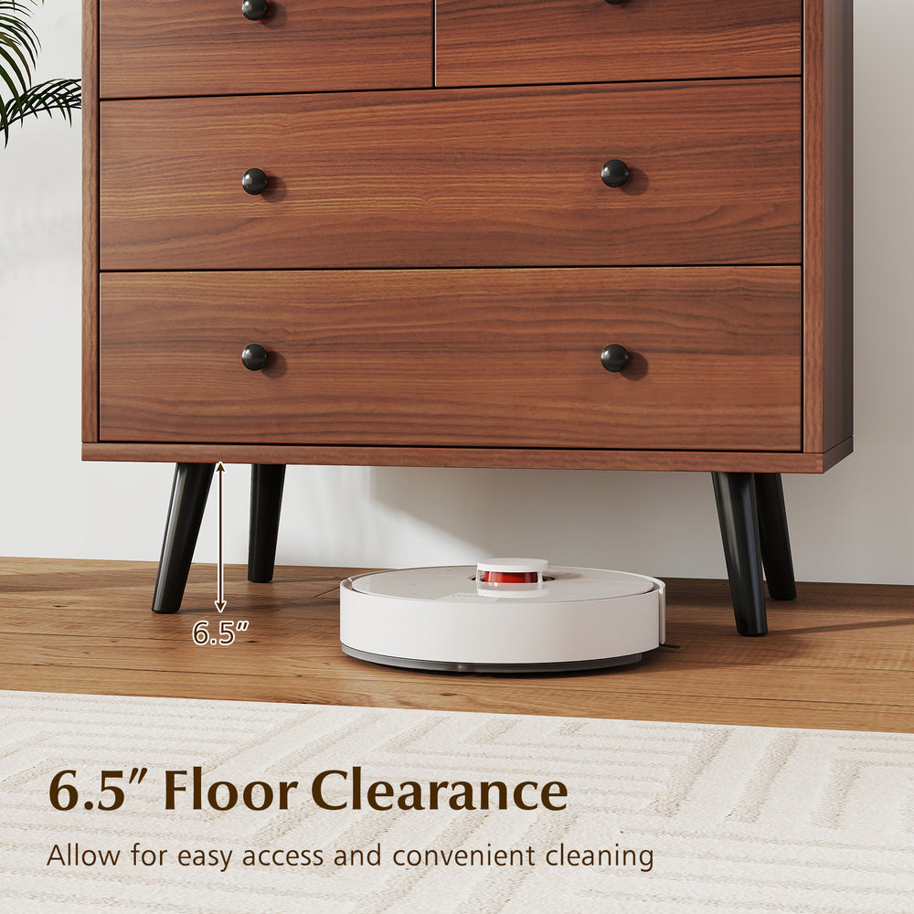 Wide wooden dresser with 4 drawers in walnut finish, featuring 6.5" floor clearance for easy cleaning and access.