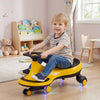 Yellow Wiggle Car Ride-on Toy featuring a child enjoying the ride indoors, showcasing its fun and innovative design.