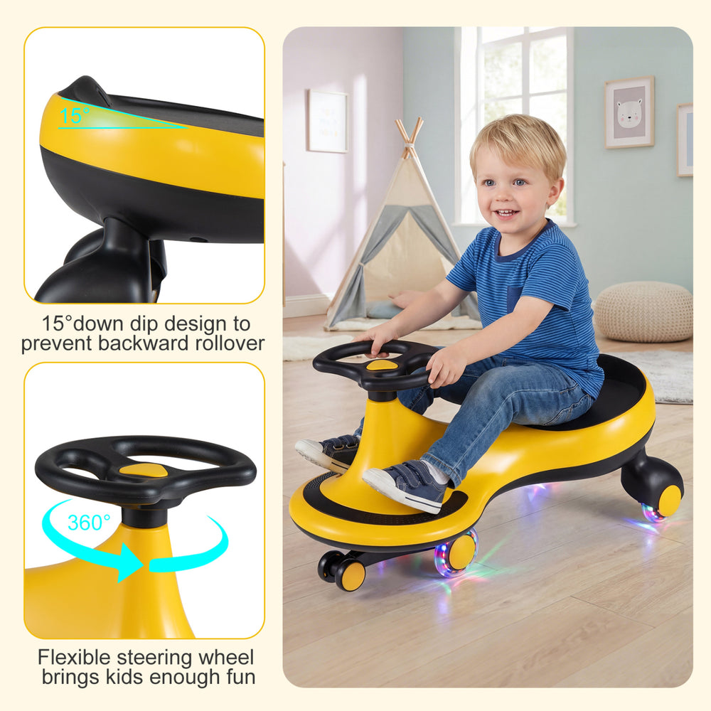 Wiggle car ride-on toy in yellow with flashing wheels, featuring a 15° dip design for safety and flexible steering for.