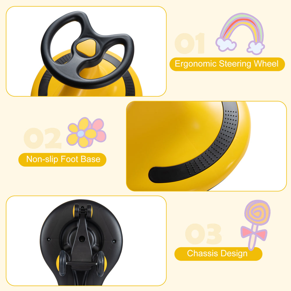 Close-up of the yellow Wiggle Car ride-on toy showcasing the ergonomic steering wheel and non-slip foot base for safe.