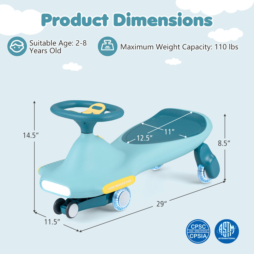 Wiggle car for kids in blue features LED flashing wheels, a stable structure, and is ideal for indoor and outdoor play.