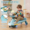 Wiggle car for kids in blue features LED flashing wheels and music for fun indoor and outdoor play.