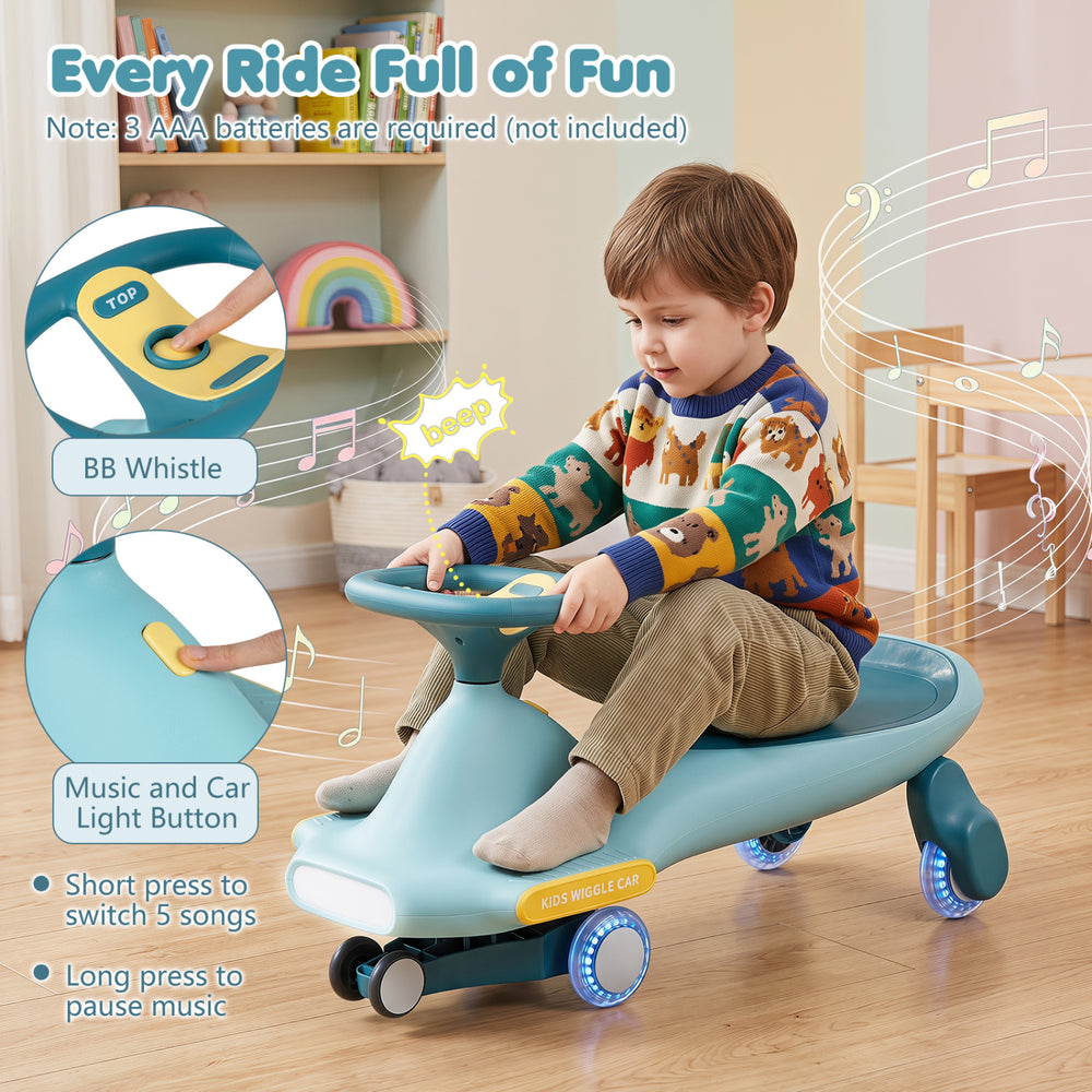 Wiggle car for kids in blue features LED flashing wheels and music for fun indoor and outdoor play.