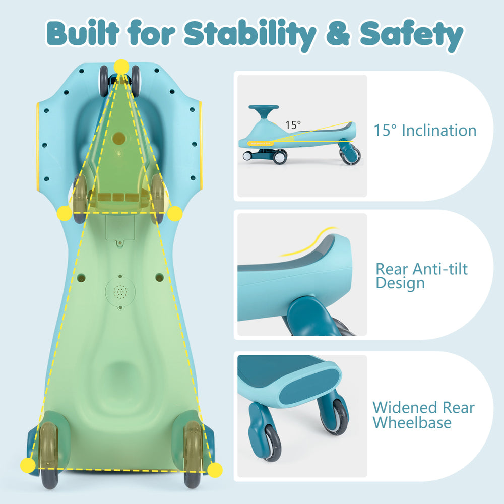 Wiggle car for kids in blue features LED flashing wheels, stable structure, and wide wheelbase for safe indoor and outdoor play.