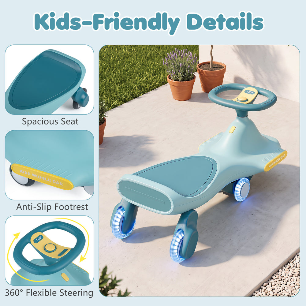 Wiggle car for kids in blue features LED flashing wheels, spacious seat, and anti-slip footrest for safe indoor and outdoor play.