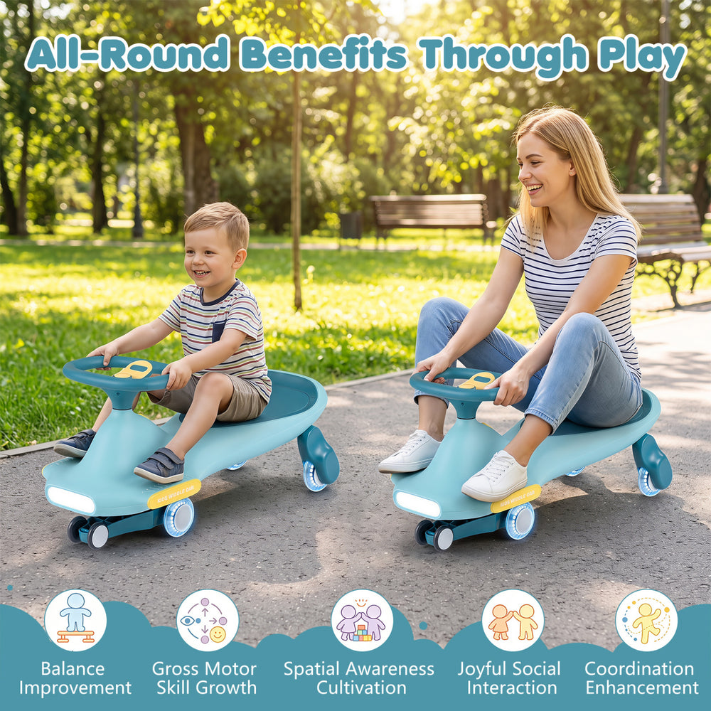 Wiggle car for kids in blue with LED flashing wheels, designed for indoor and outdoor play, enhances balance and coordination.