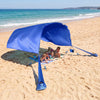 Navy wind-powered beach tent providing 137 sq.ft shade for 6-8 people, ideal for family picnics by the sea.