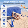 Portable navy beach tent with 137 sq.ft shade area, UPF50+ fabric, and aluminum poles for family gatherings.