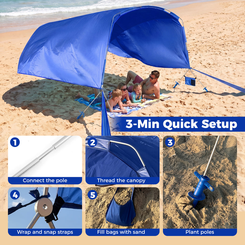 Portable beach tent canopy in navy, providing 137 sq.ft shade for 6-8 people, featuring easy setup and wind stability.