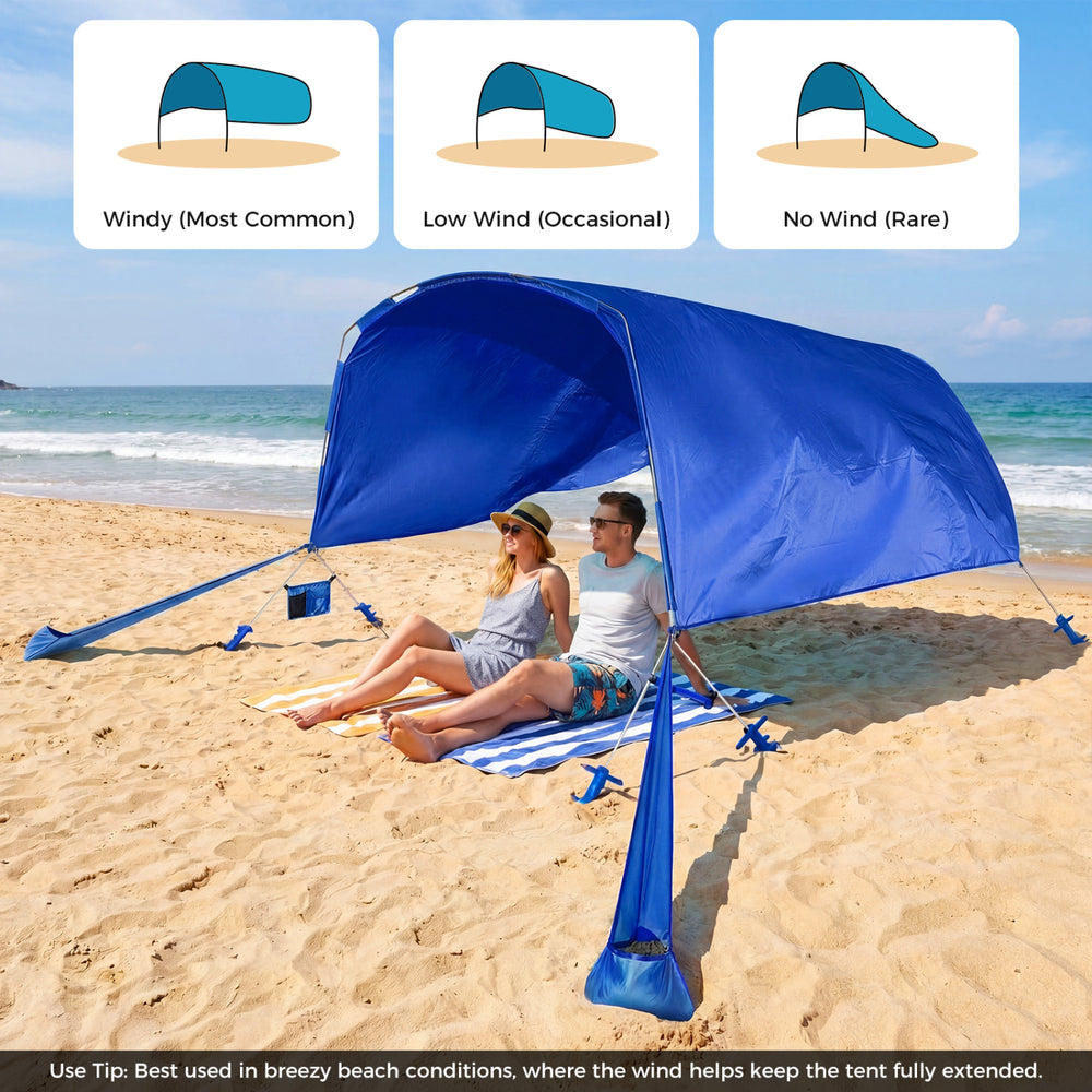 Portable navy beach tent canopy providing 137 sq.ft shade for 6-8 people, ideal for picnics and gatherings.