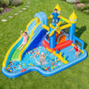 Top view of the windmill-themed inflatable water slide park showcasing the climbing wall, slide, and interactive ball.