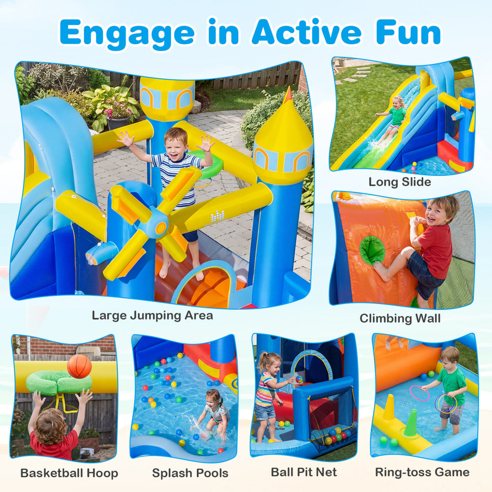 Windmill-themed inflatable water slide park featuring a long slide, large jumping area, and climbing wall for backyard.