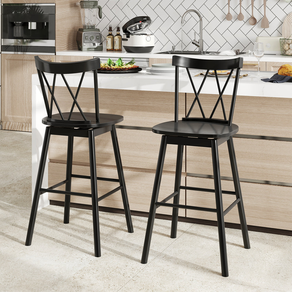Set of 2 Windsor bar stools with ergonomic backrest, 29-inch height, perfect for kitchen or dining room use.