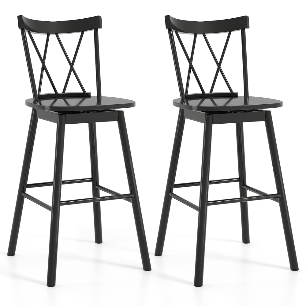 Set of 2 Windsor bar stools with ergonomic backrest, 29-inch seat height, and natural rubber wood frame for kitchen use.