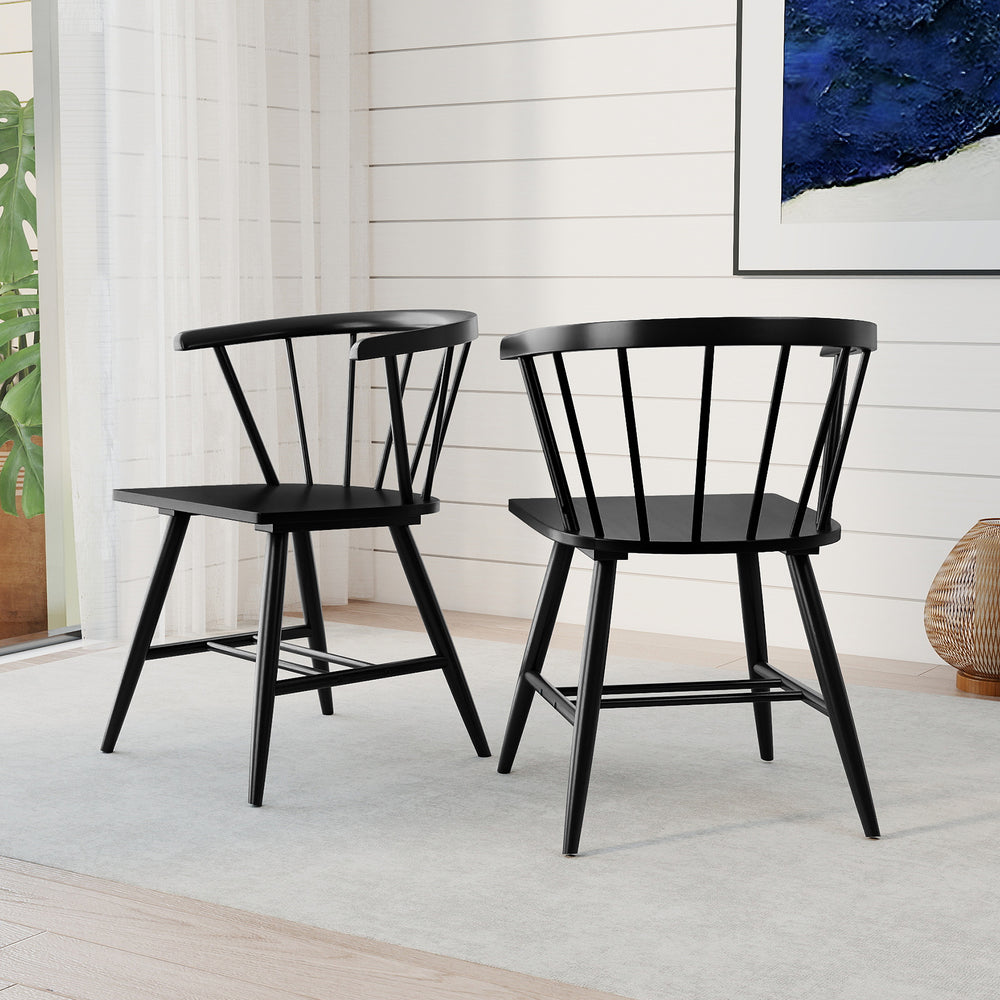 Windsor dining chair set of 2 in black, featuring ergonomic spindle backs and large seats for comfort in dining spaces.
