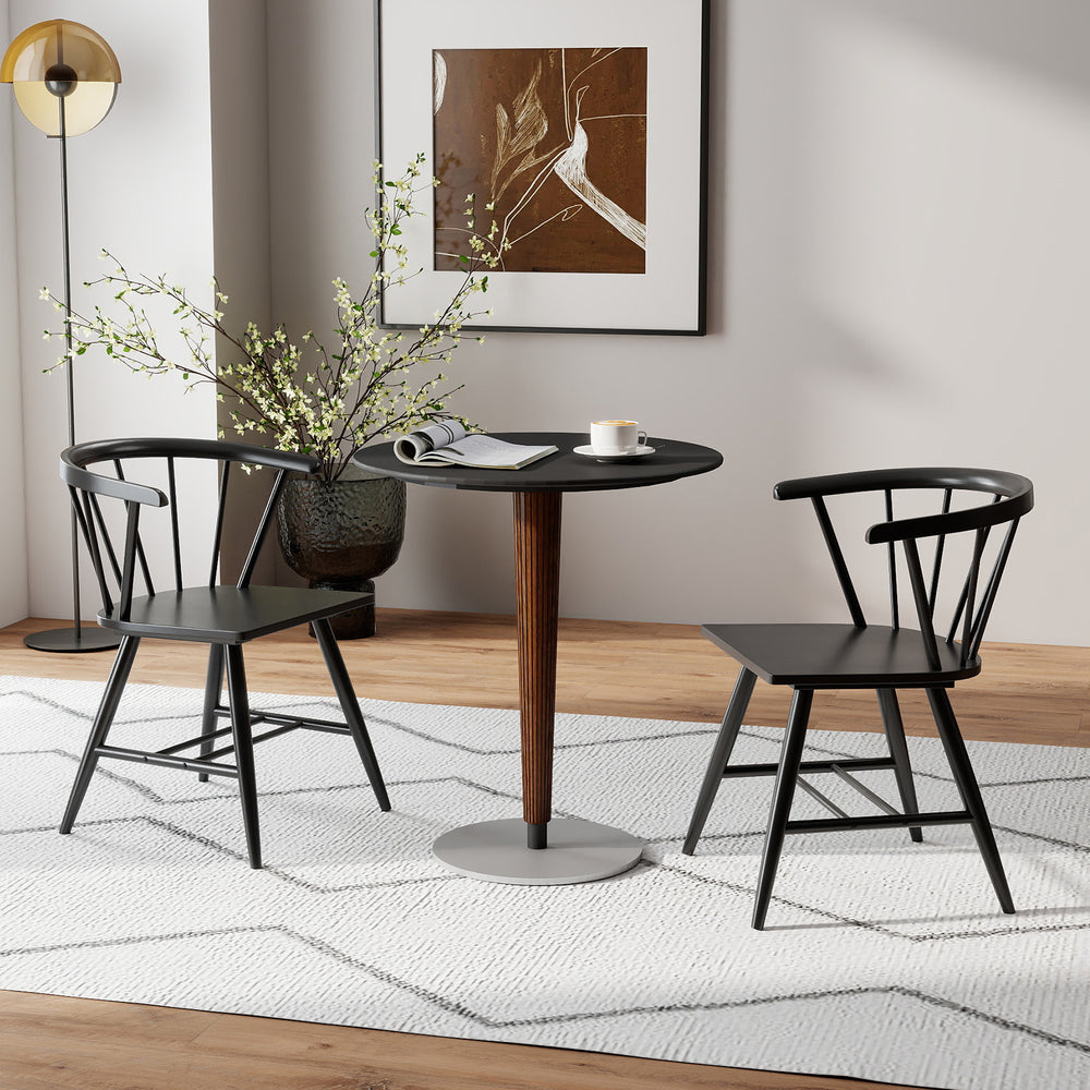 Windsor dining chair set of 2 in sleek black finish, featuring ergonomic backrest and sturdy rubber wood construction.