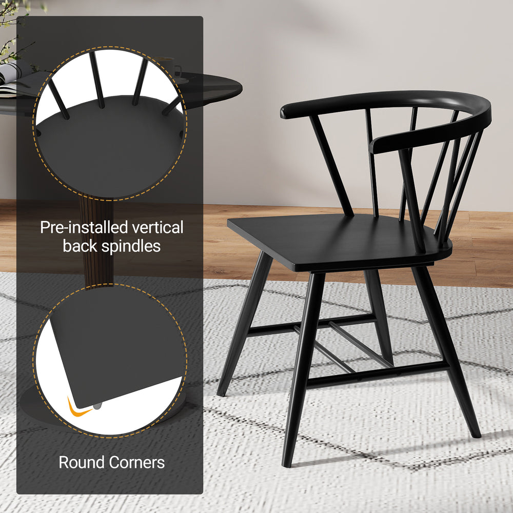 Windsor dining chair with ergonomic high spindle back, sleek black finish, and round corners for comfort and style.