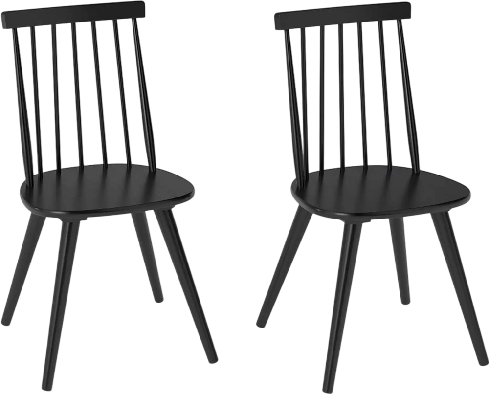 Set of 2 Windsor dining chairs in black with ergonomic spindle back, made from solid rubber wood for versatile seating.