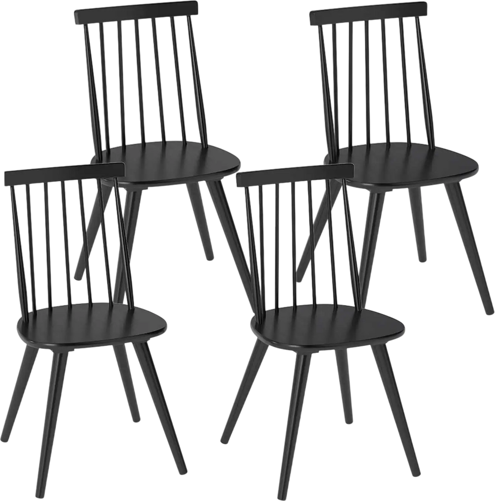 Set of 4 Windsor dining chairs in black with solid rubber wood frame, ideal for dining rooms and cafes.
