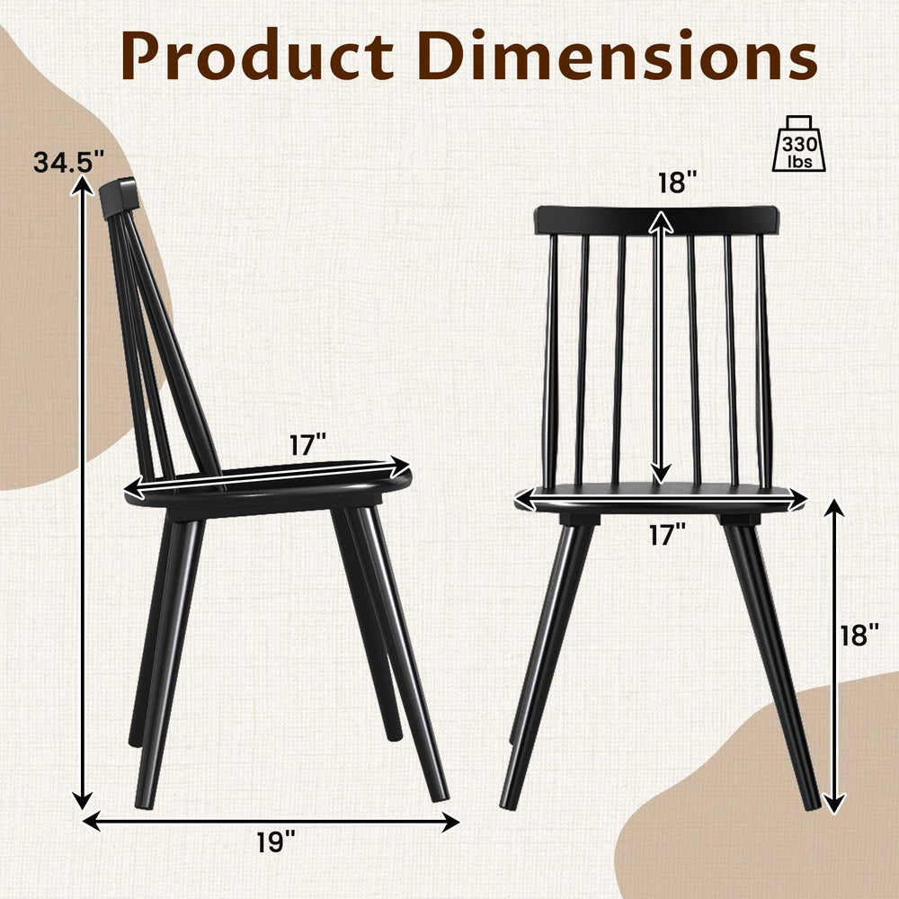 Dimensions of the Windsor dining chair showing a sleek black rubber wood frame, ergonomic design, and strong loading.
