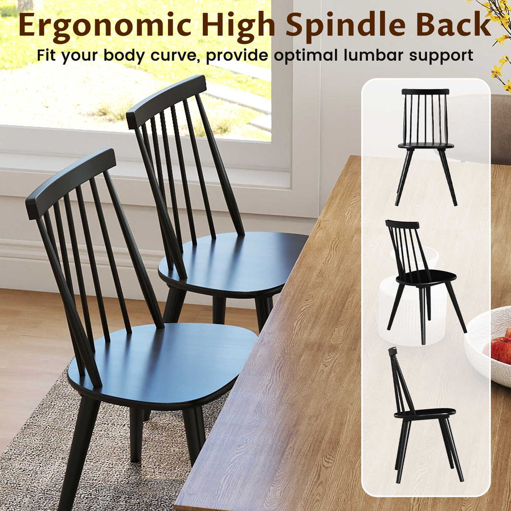 Windsor dining chair set of 4 in black with ergonomic high spindle back for comfort and style in dining rooms or cafes.