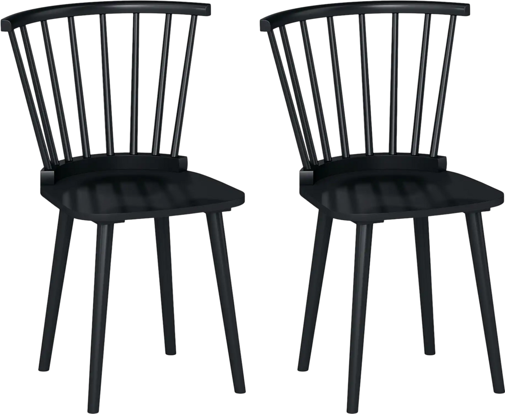 Set of 2 black Windsor dining chairs with spindle back design, sturdy rubber wood, ideal for dining or living spaces.