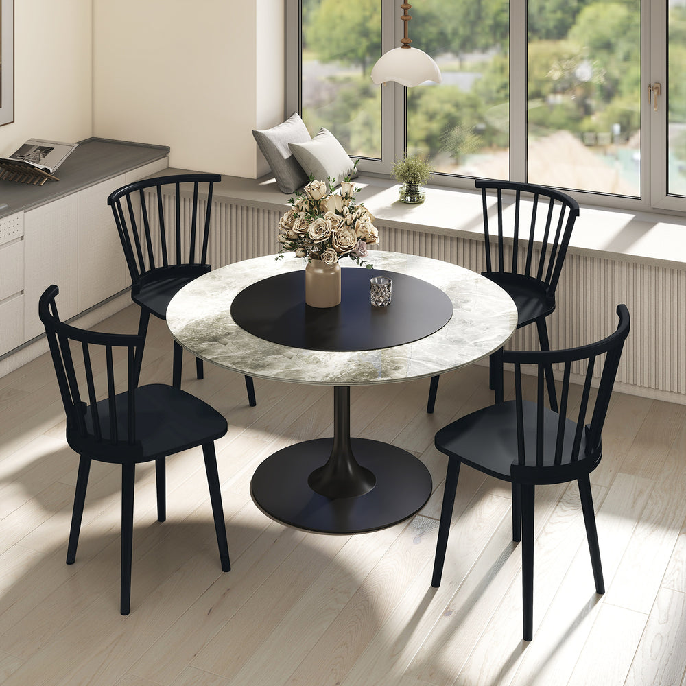 Windsor dining chairs set of 2 in black rubber wood with spindle back, perfect for dining room or kitchen use.