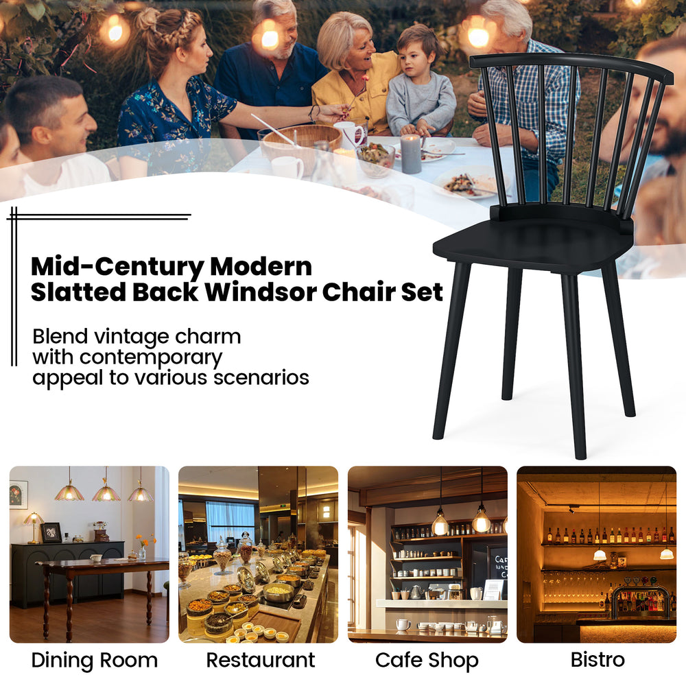 Black Windsor dining chair set featuring a spindle back design, ergonomic seat, and durable rubber wood legs for.